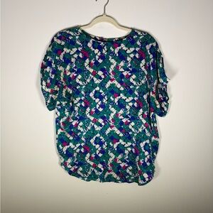 VTG Flora Kung Silk Blouse Size 10 EUC Abstract Jewel Tone Geometric Print
